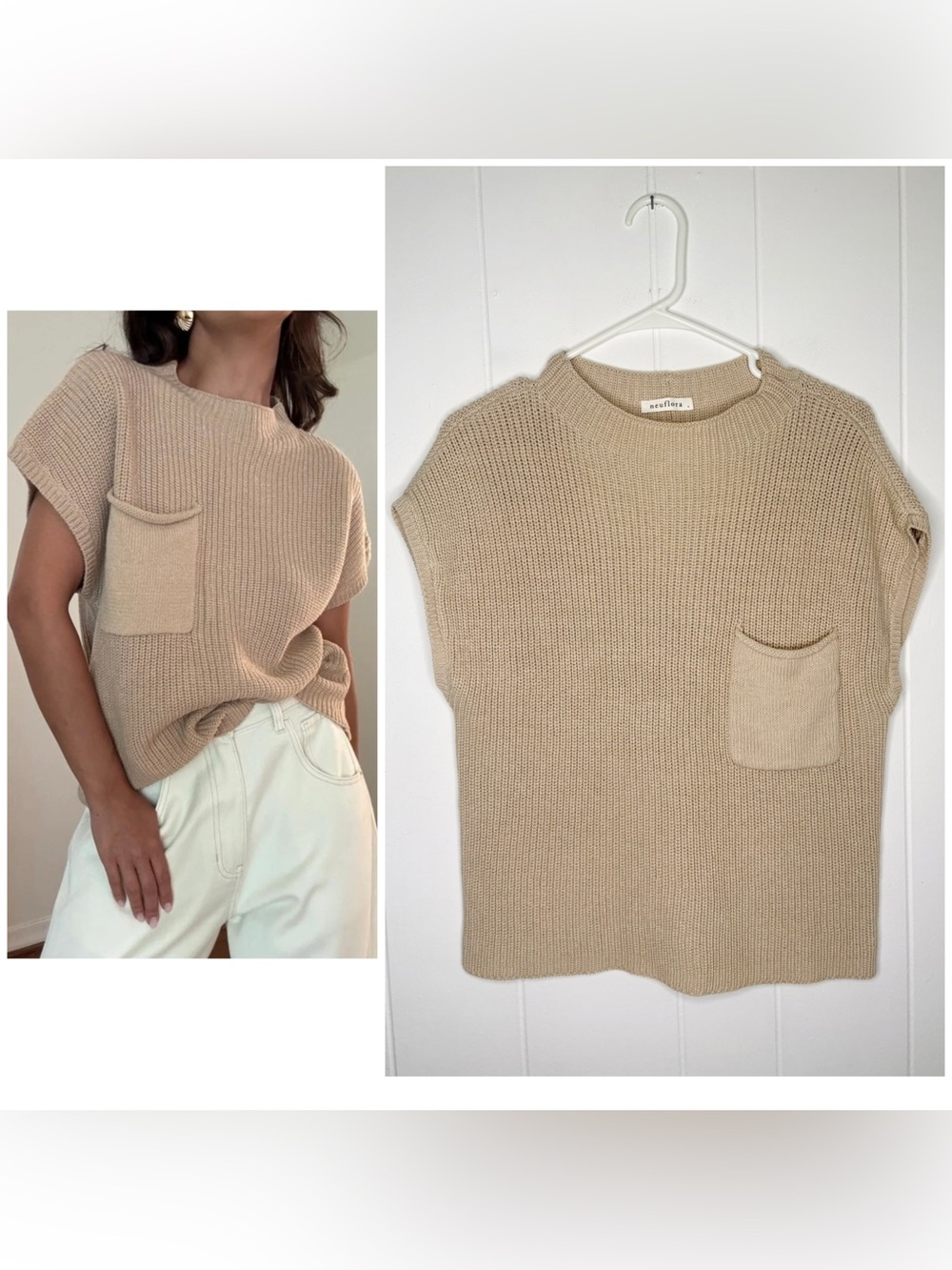 Neuflora Sleeveless Sweater Vest Knit Chest Pocket Tan Neutral Boho Size Small